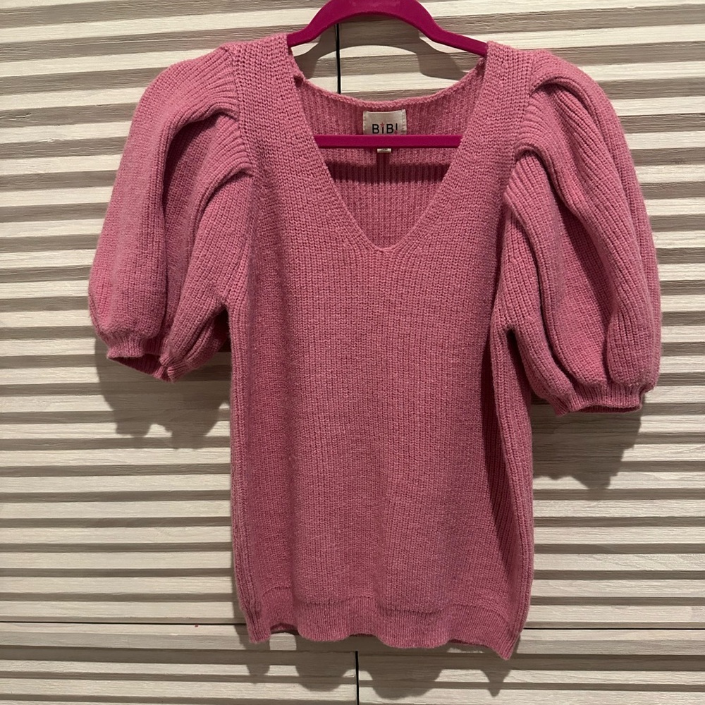 BiBi V-Neck Pink Puff Sleeve Sweater